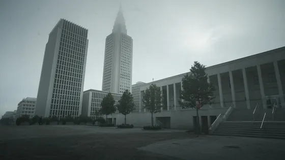 Roblox sexual abuse MDL: federal buildings and an empty plaza in morning fog